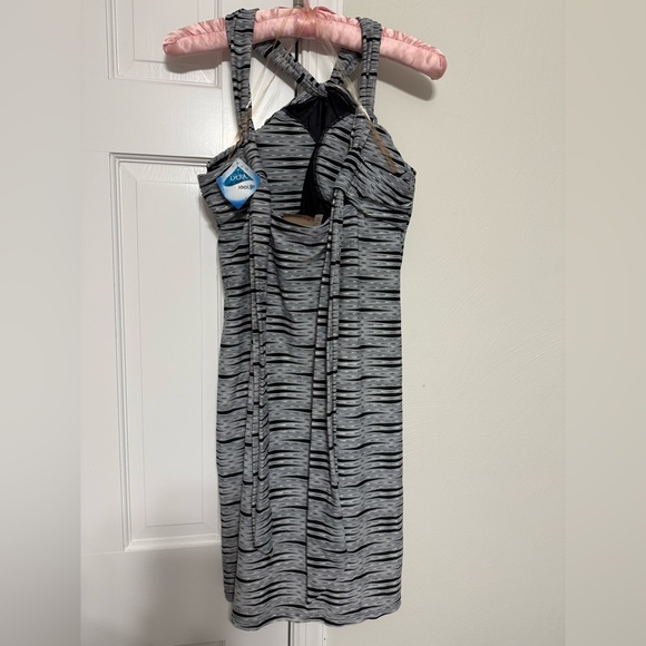 NWT Athleta Gray & Black Striped Halter Midi Kiki Swim Dress with Twist Back - Picture 2 of 5